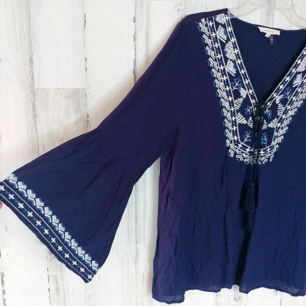Small Navy Embroidered Tunic Top Bell Sleeves Boho - Picture 1 of 5